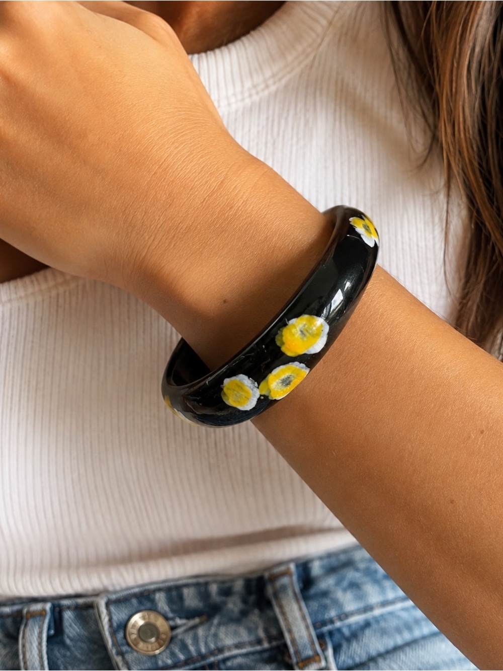 Black Floral Resin Bangle Bracelet Chunky Slip On Statement Bracelet